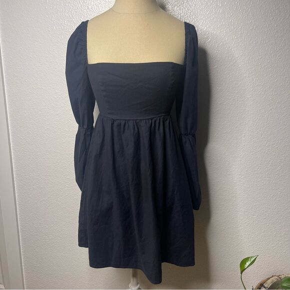 Reformation Size 2 Solid Black Short Mini Dress Long Pouf Sleeve - Picture 2 of 11